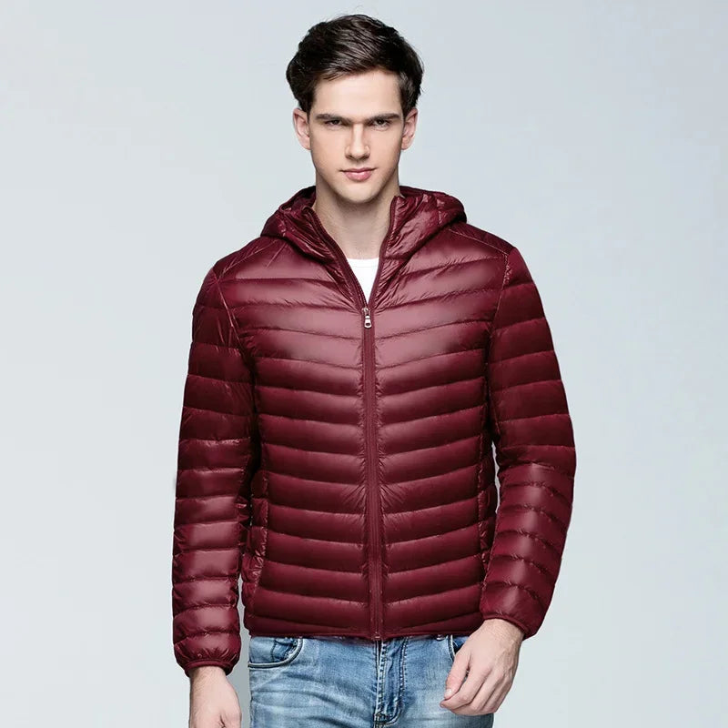 Men's ultralight packable hooded puffer jacket in neutral tone, slim fit with zip pockets