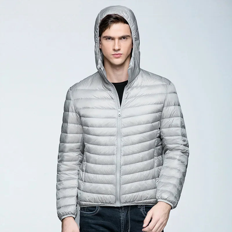 Men's ultralight packable hooded puffer jacket black slim fit compressible winter travel layer