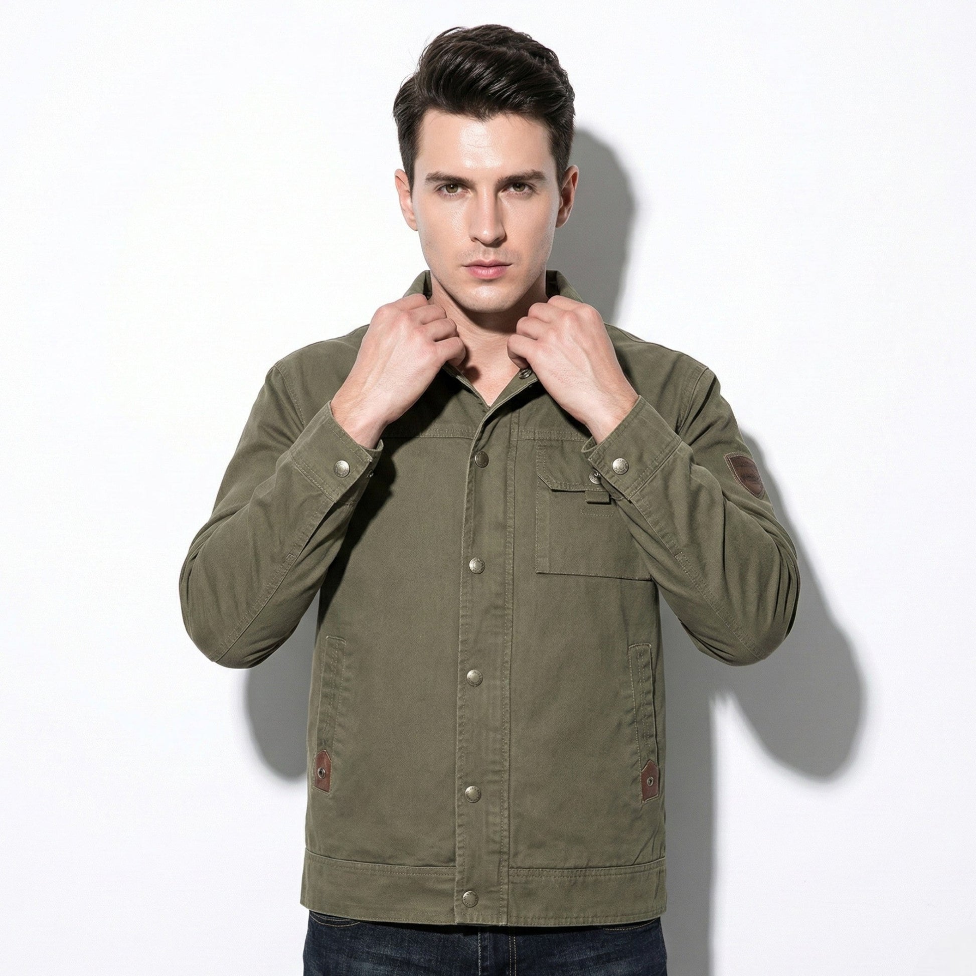 Men's olive utility jacket relaxed fit with thermal insulation for casual outdoor wear