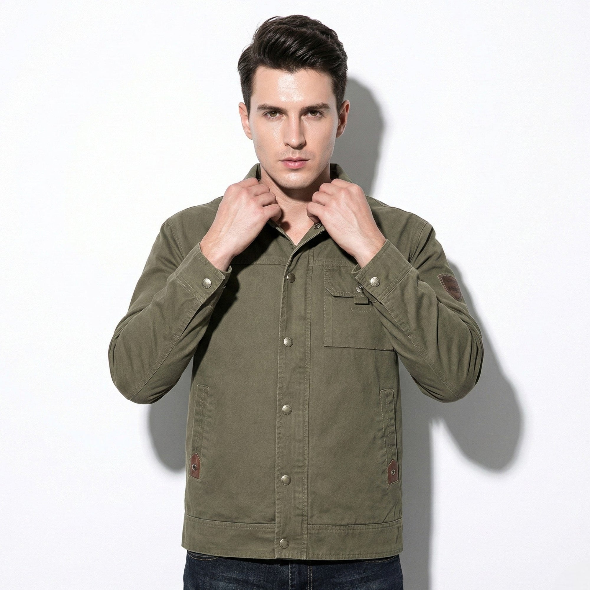 Men's olive utility jacket relaxed fit with thermal insulation for casual outdoor wear