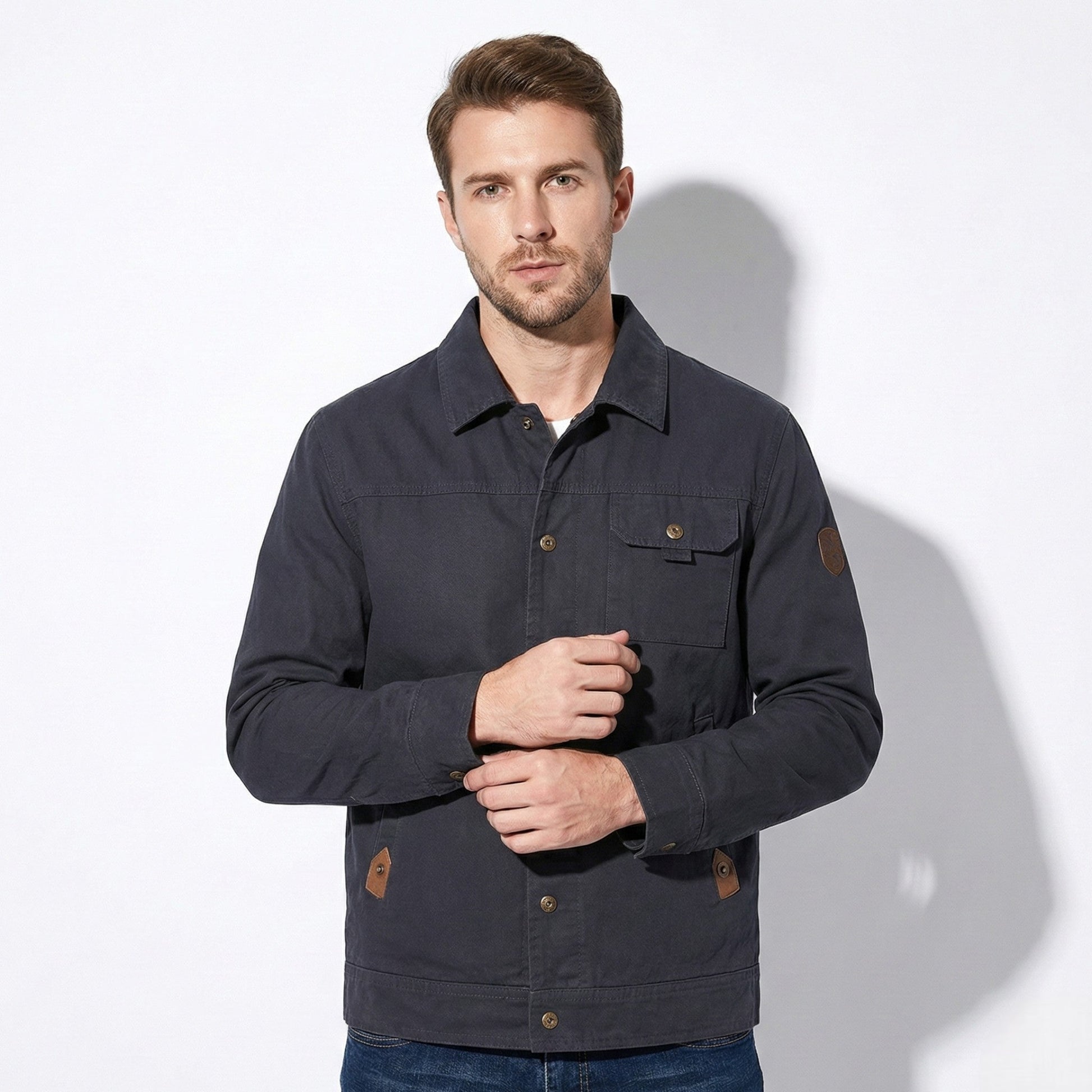 Men's olive utility jacket relaxed fit with durable thermal insulation for casual outdoor wear