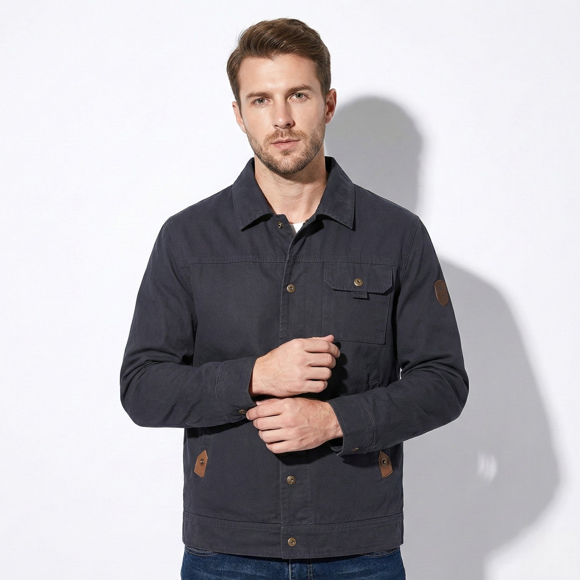 Men's olive utility jacket relaxed fit with durable thermal insulation for casual outdoor wear