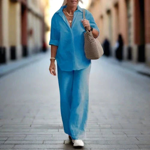 Women's chic two-piece coordinated set in elegant neutral tones, versatile work-to-weekend style