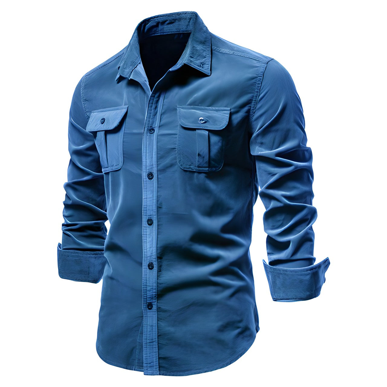 Men's olive military-style long sleeve shirt with dual chest pockets and structured rugged fit