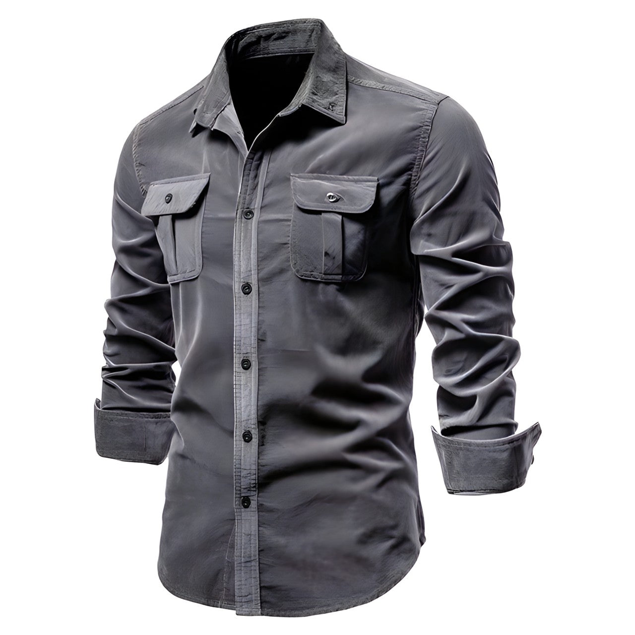 Men's olive military-style long sleeve shirt with dual chest pockets and structured casual fit
