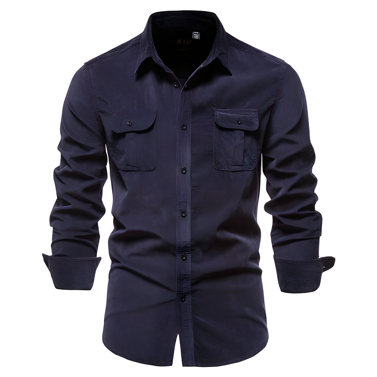 Men's olive military-style long sleeve shirt with dual chest pockets and structured rugged fit
