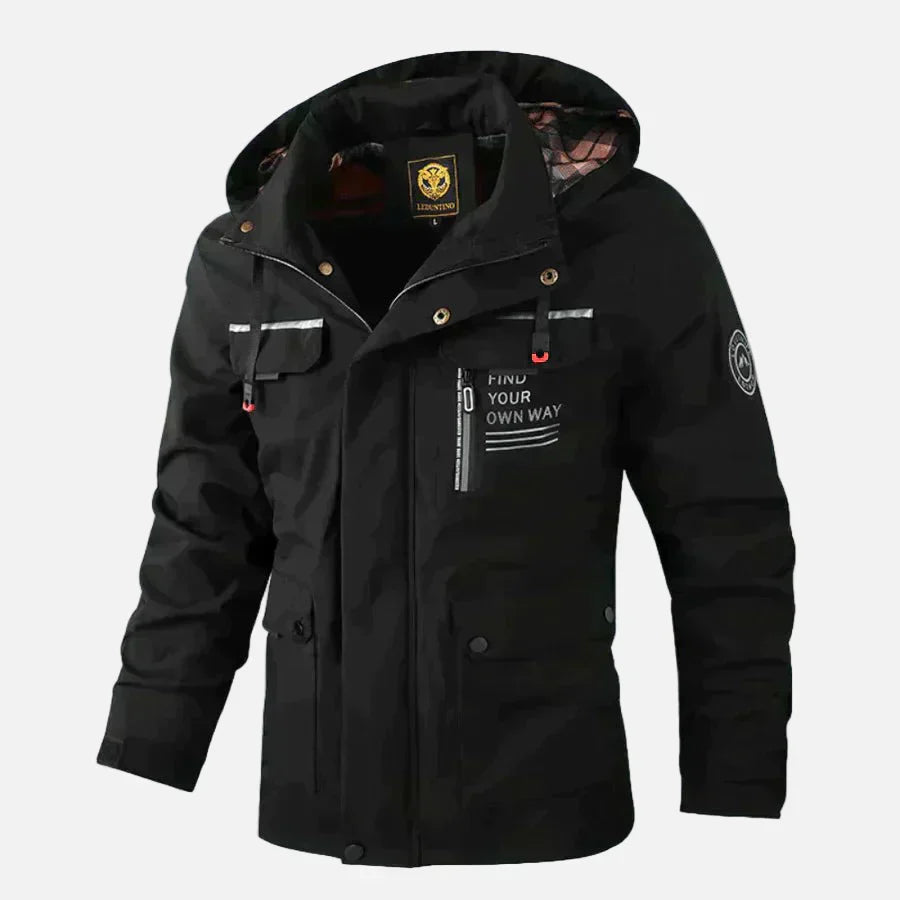 Men's black hip-length woven jacket with stand collar and integrated hood for versatile fall outerwear