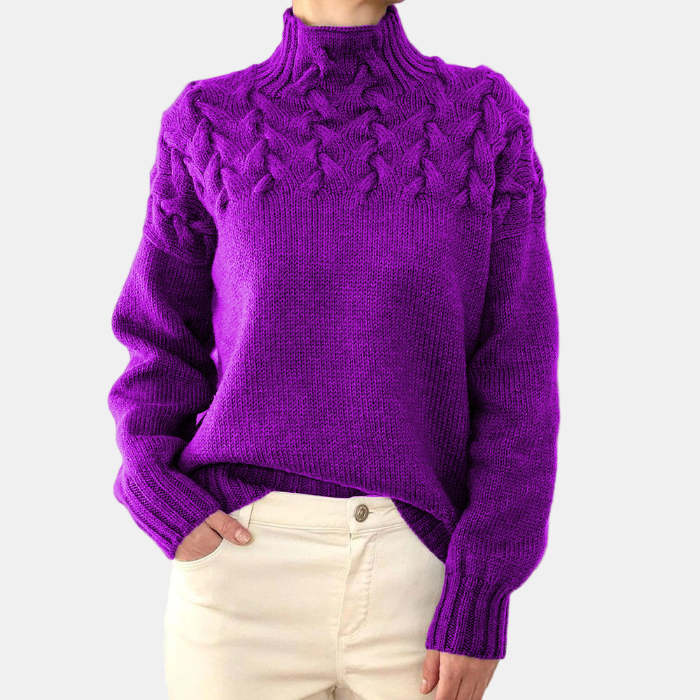 Women's cream cable knit turtleneck sweater relaxed fit with raised texture bodice