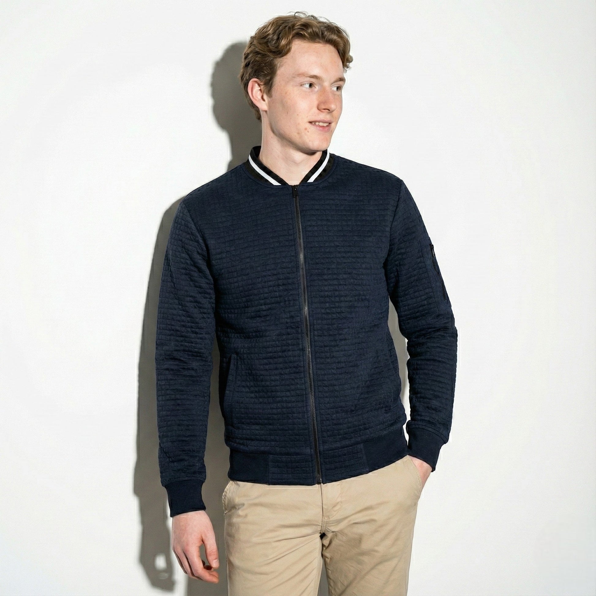 Men's navy textured cotton knit full-zip jacket with contrast collar for office and weekend wear