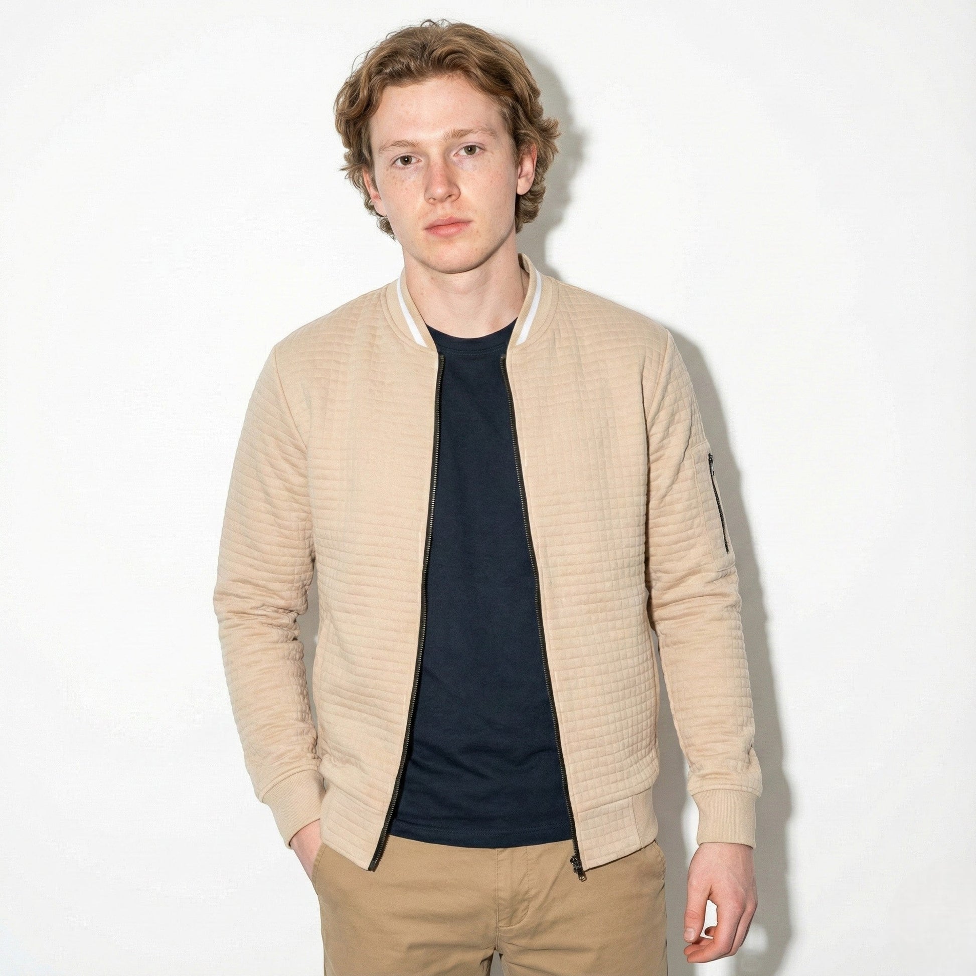 Men's navy textured cotton knit full-zip jacket with contrast collar for office and weekend wear