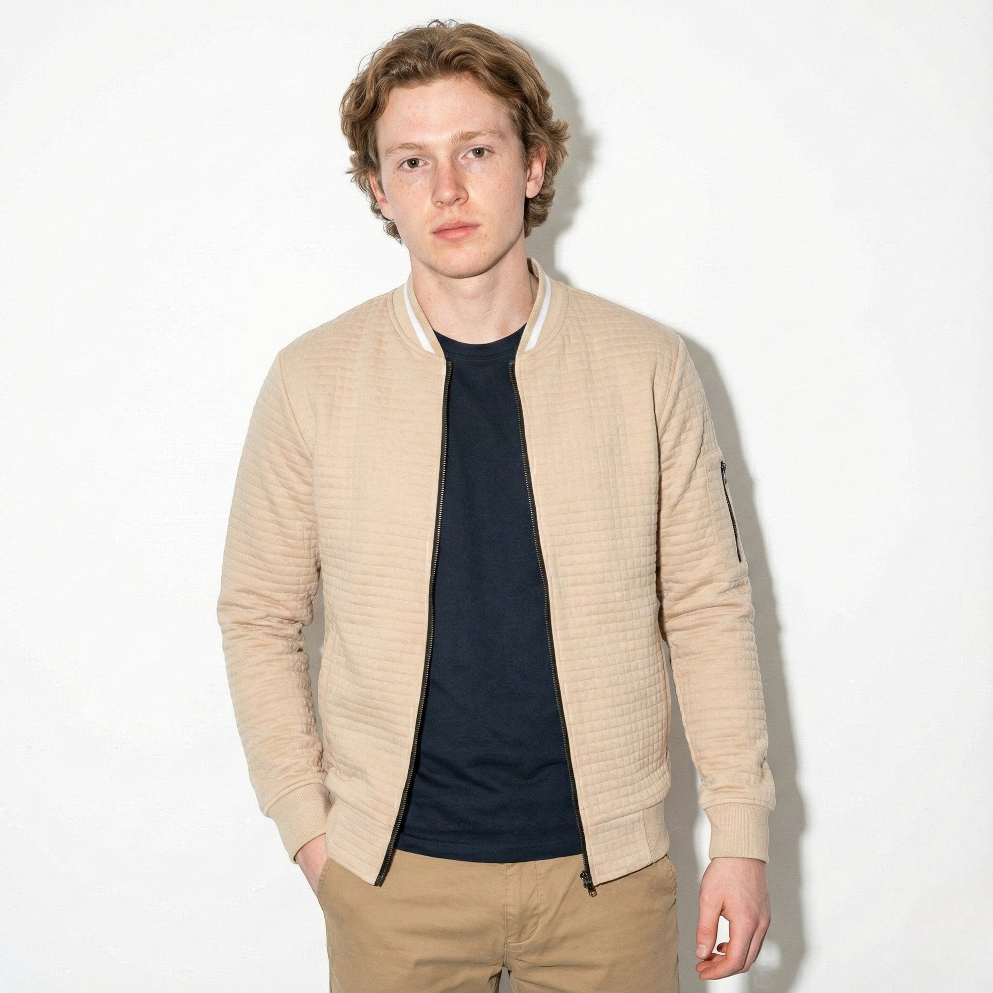 Men's navy textured cotton knit full-zip jacket with contrast collar for office and weekend wear