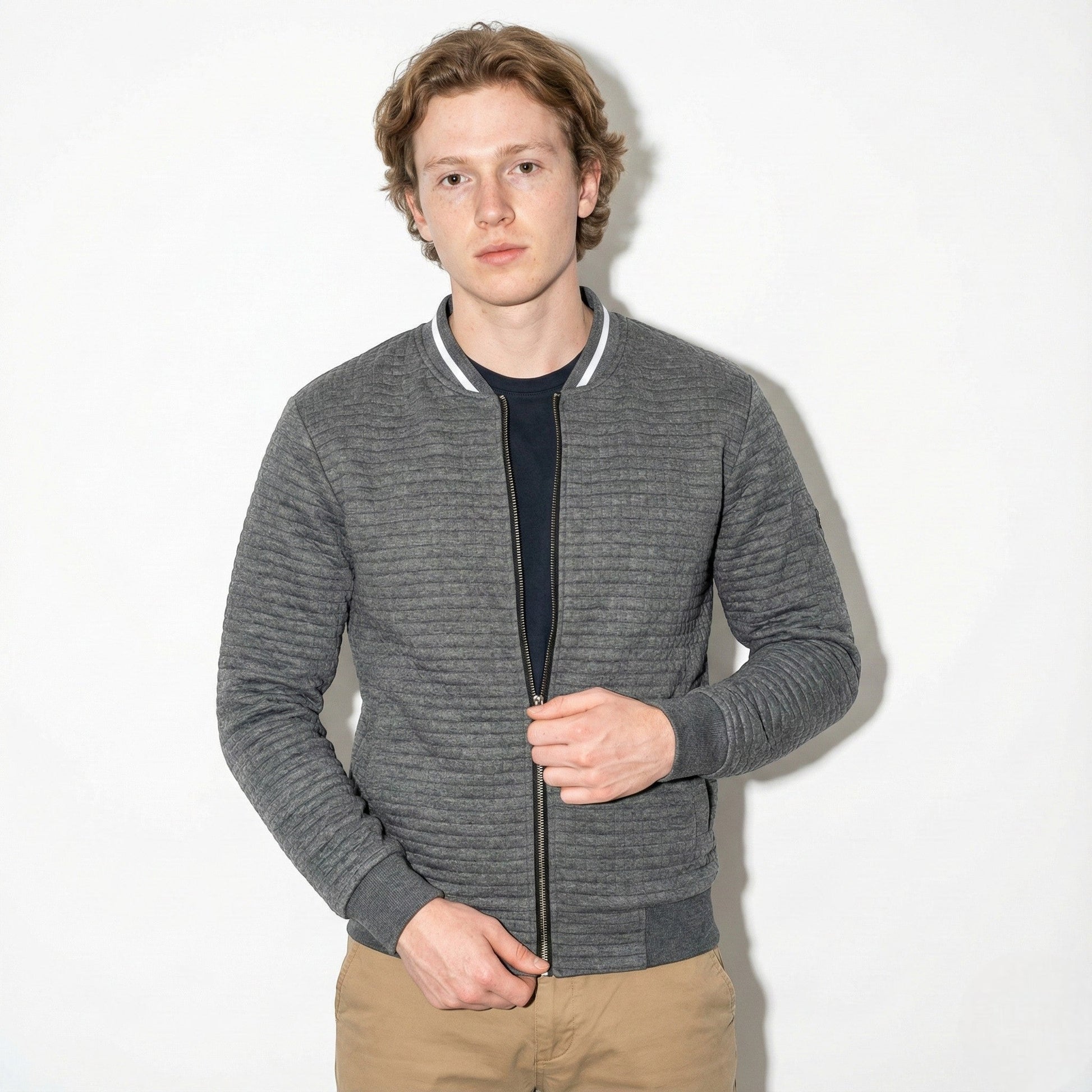 Men's gray textured cotton knit full-zip jacket with contrast collar for office and weekend wear