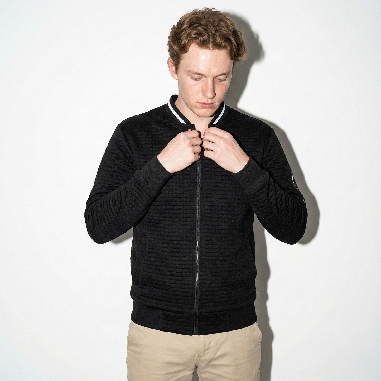 Men's gray textured cotton knit full-zip jacket with contrast collar for office and weekend wear