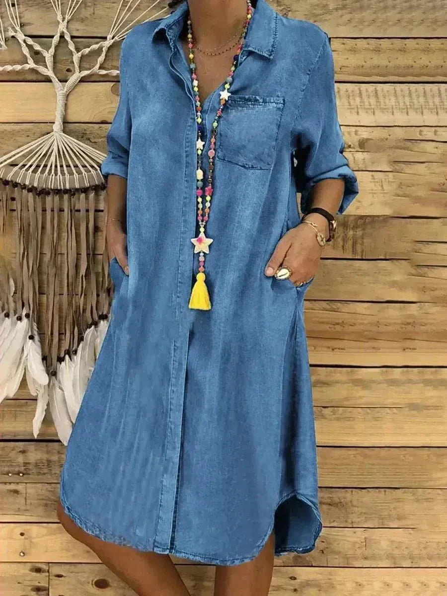 Palmira women's blue denim long sleeve dress, tailored silhouette with timeless chic fit