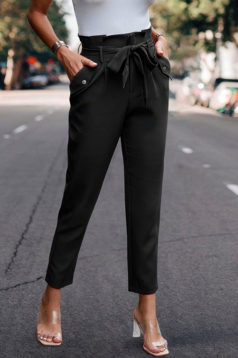 High waist skinny work trousers with ruffle waistband and removable belt for chic office style