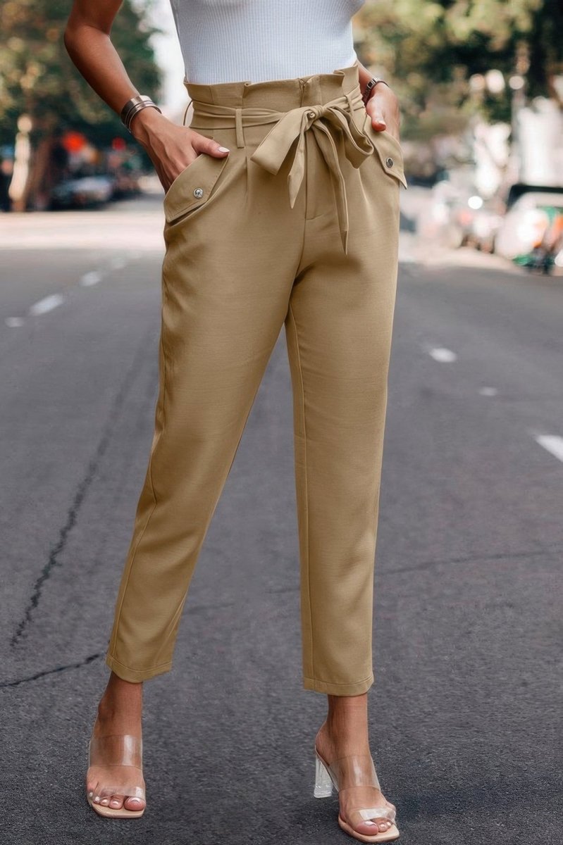 High waist skinny work trousers with ruffle waistband and removable belt for chic office style