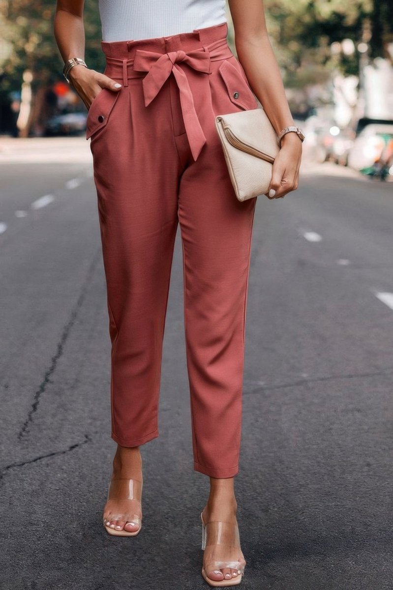 High-waist skinny work trousers with ruffle waistband and removable belt for chic office style