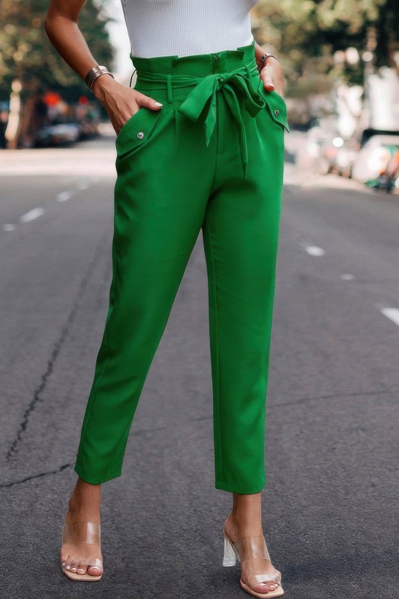 High waist skinny work trousers with ruffle waistband and removable belt for chic office style