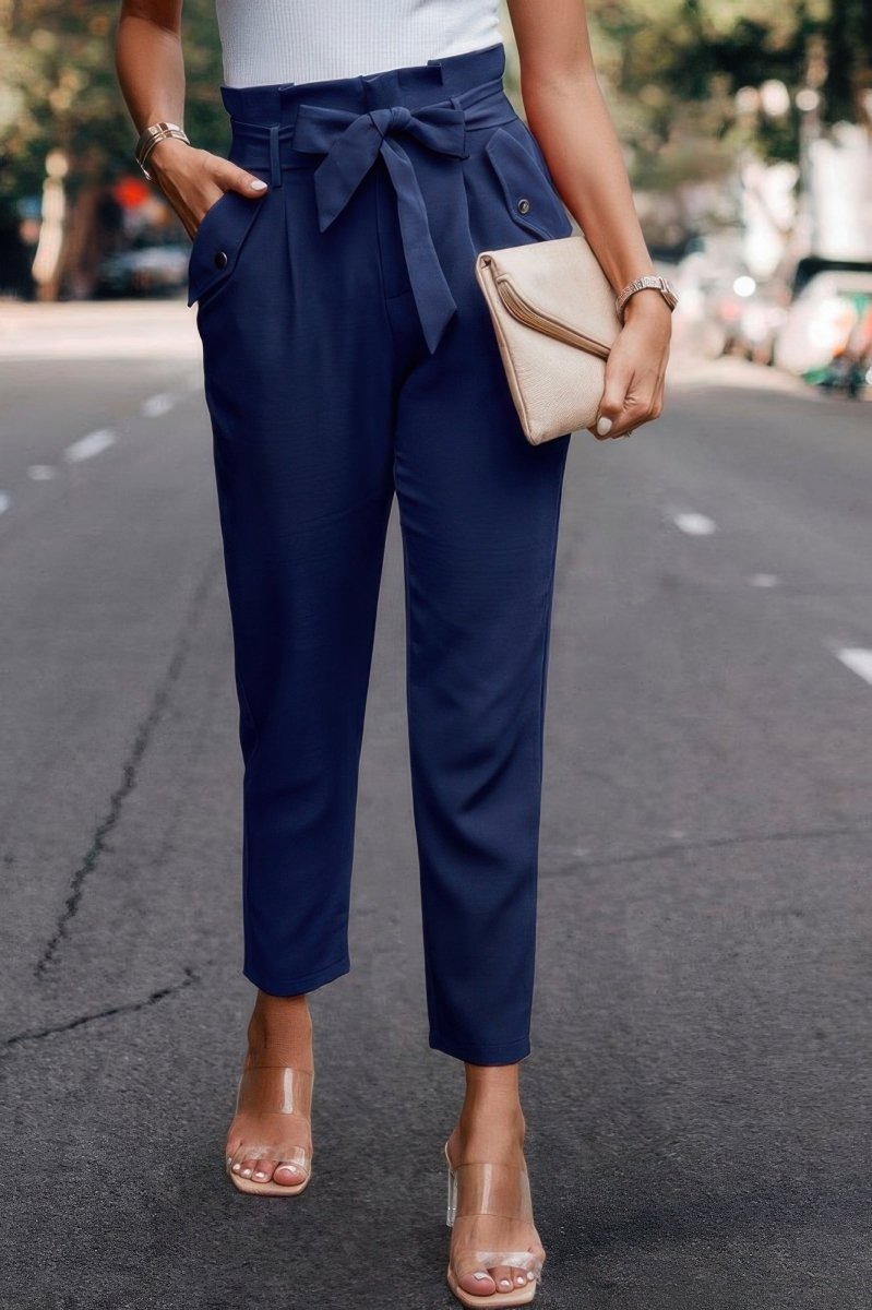High waist skinny work trousers with ruffle waistband and removable belt for chic office style