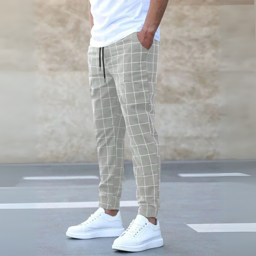 Men's black white checkered tapered joggers soft cotton blend polished casual fit