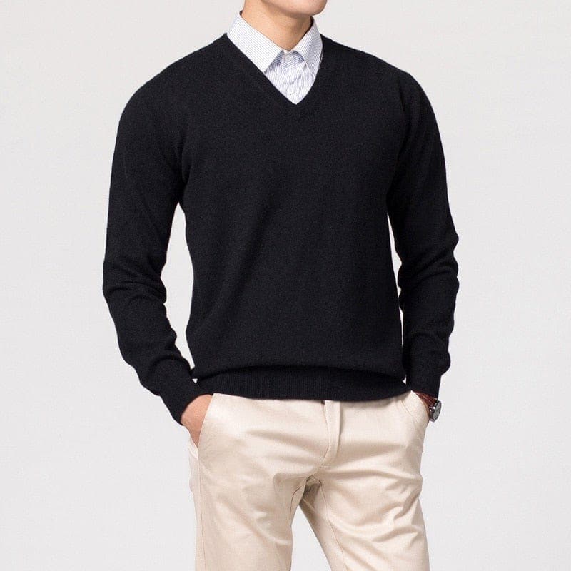 Nevan men's navy fine knit V-neck sweater slim fit lightweight winter essential for work
