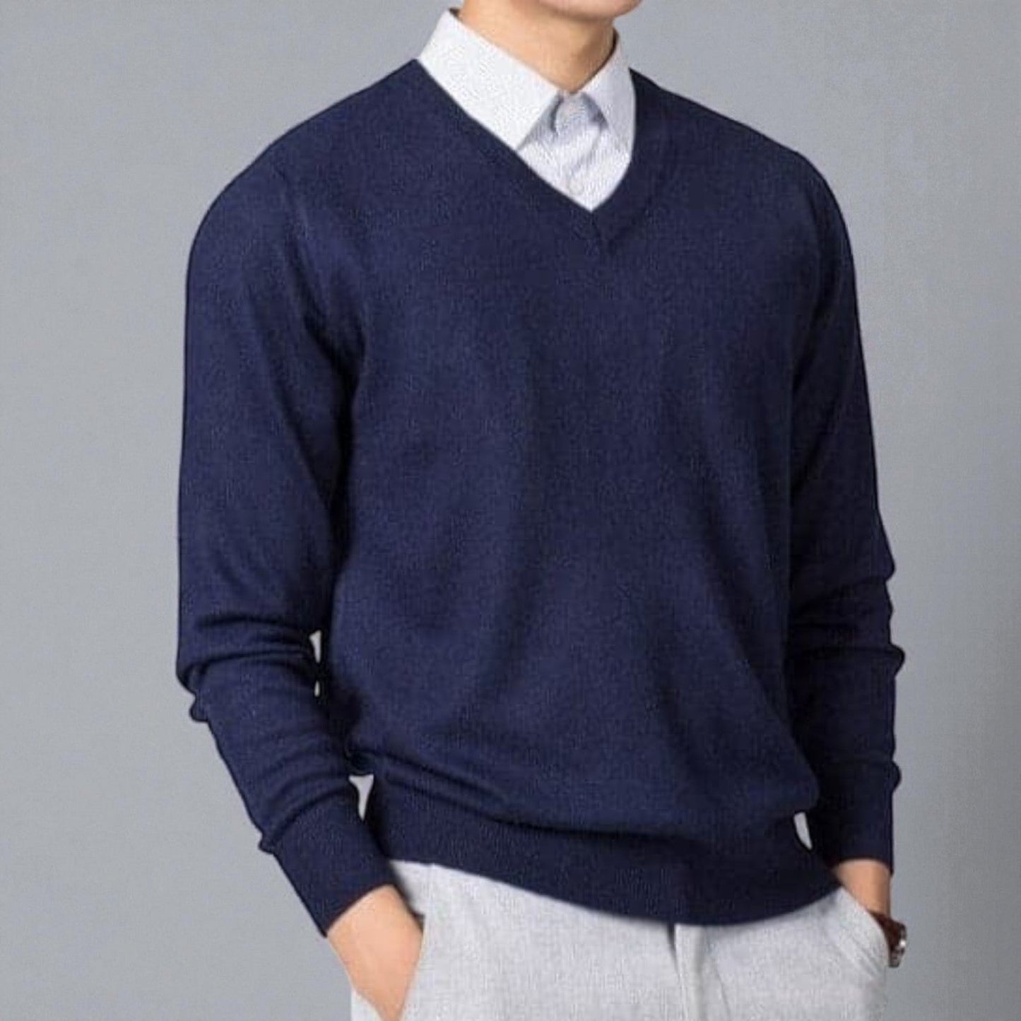 Nevan men's gray fine knit V-neck sweater slim fit lightweight elegant winter essential