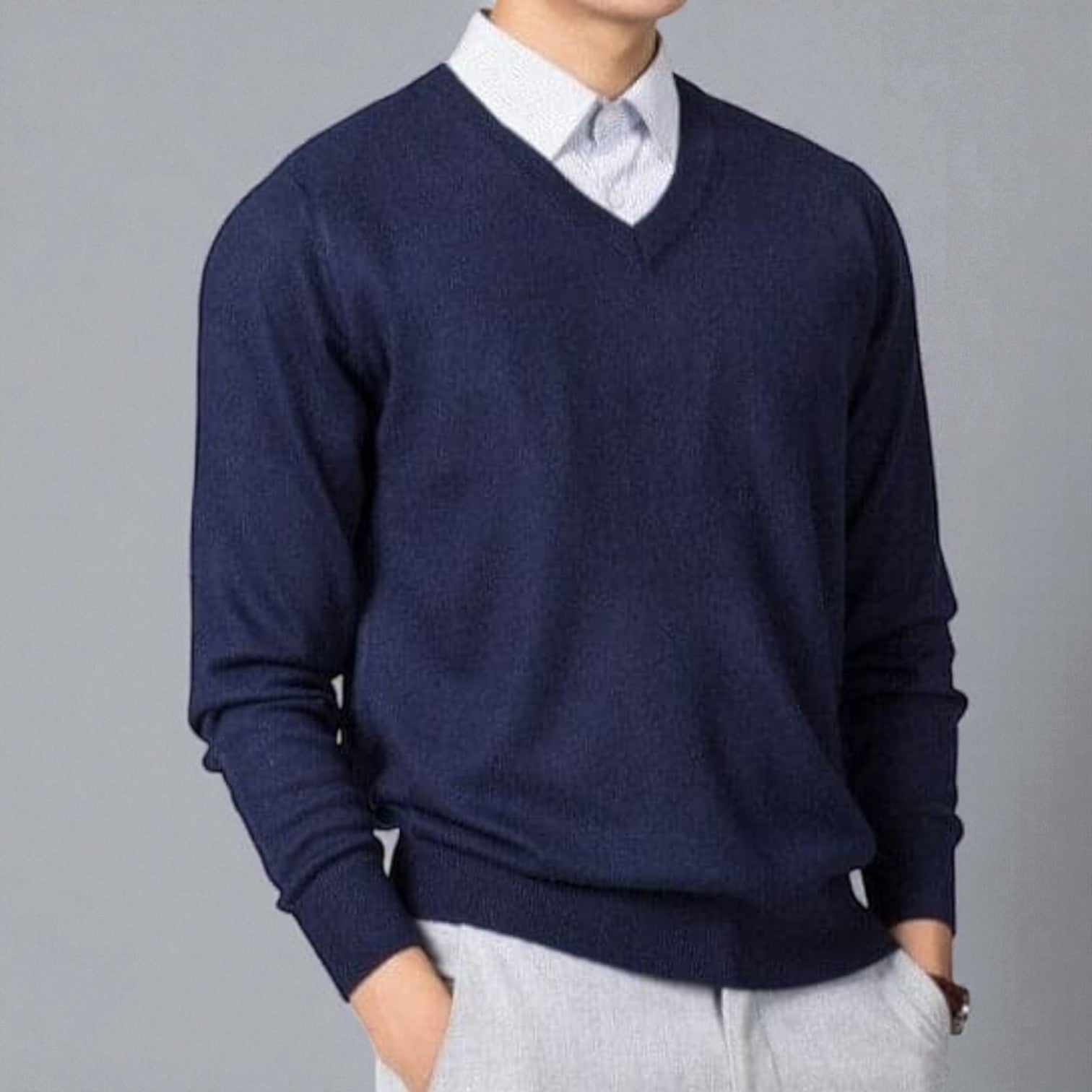 Nevan men's gray fine knit V-neck sweater slim fit lightweight elegant winter essential