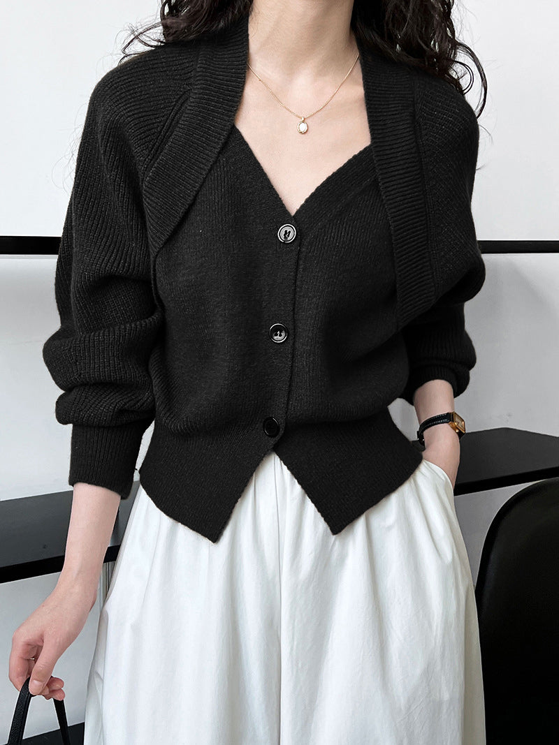 Women's patchwork V-neck button knit sweater warm elegant asymmetrical colorblock romantic detail