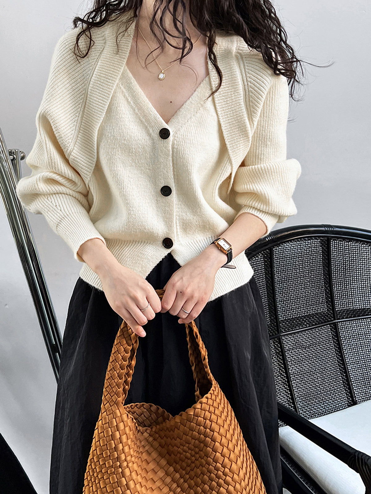 Women's patchwork V-neck button sweater warm knit elegant romantic asymmetrical colorblock design