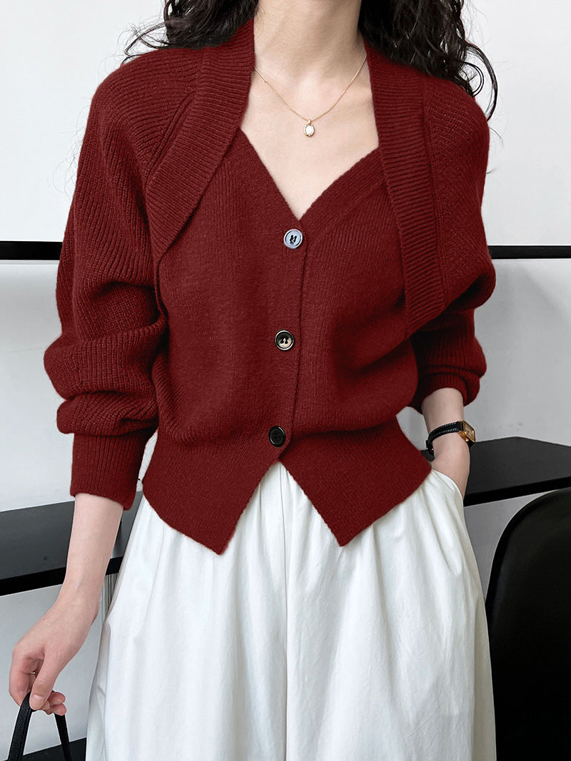 Women's patchwork V-neck button knit sweater warm elegant asymmetrical colorblock romantic details