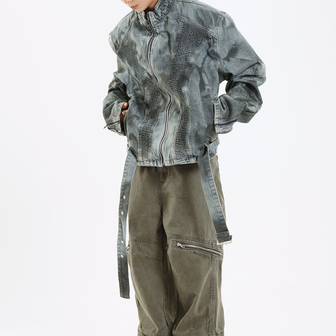Distressed blue denim jacket regular fit ribbed detailing punk streetwear cotton vintage wash