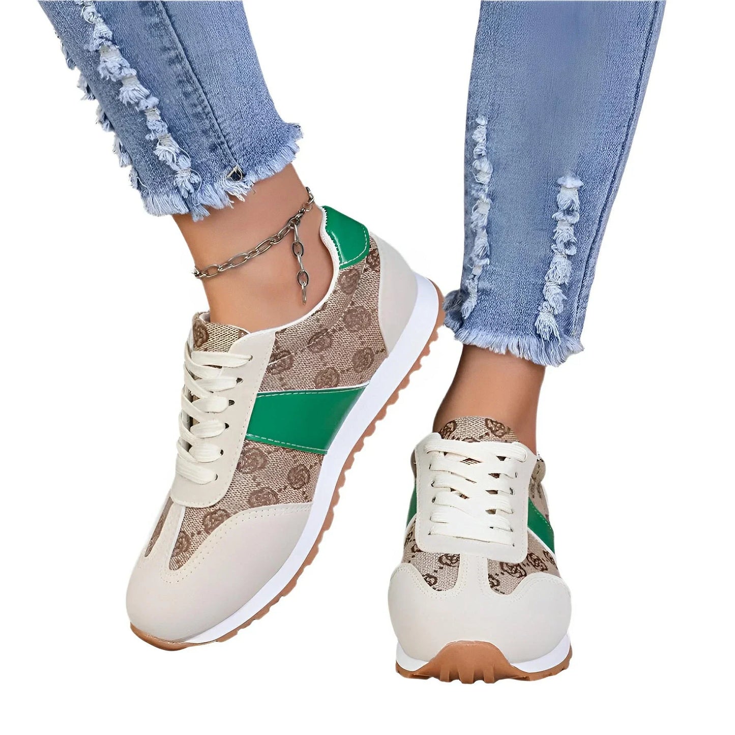 Patterned lace-up sneakers with textured PU leather overlays, lightweight everyday casual style