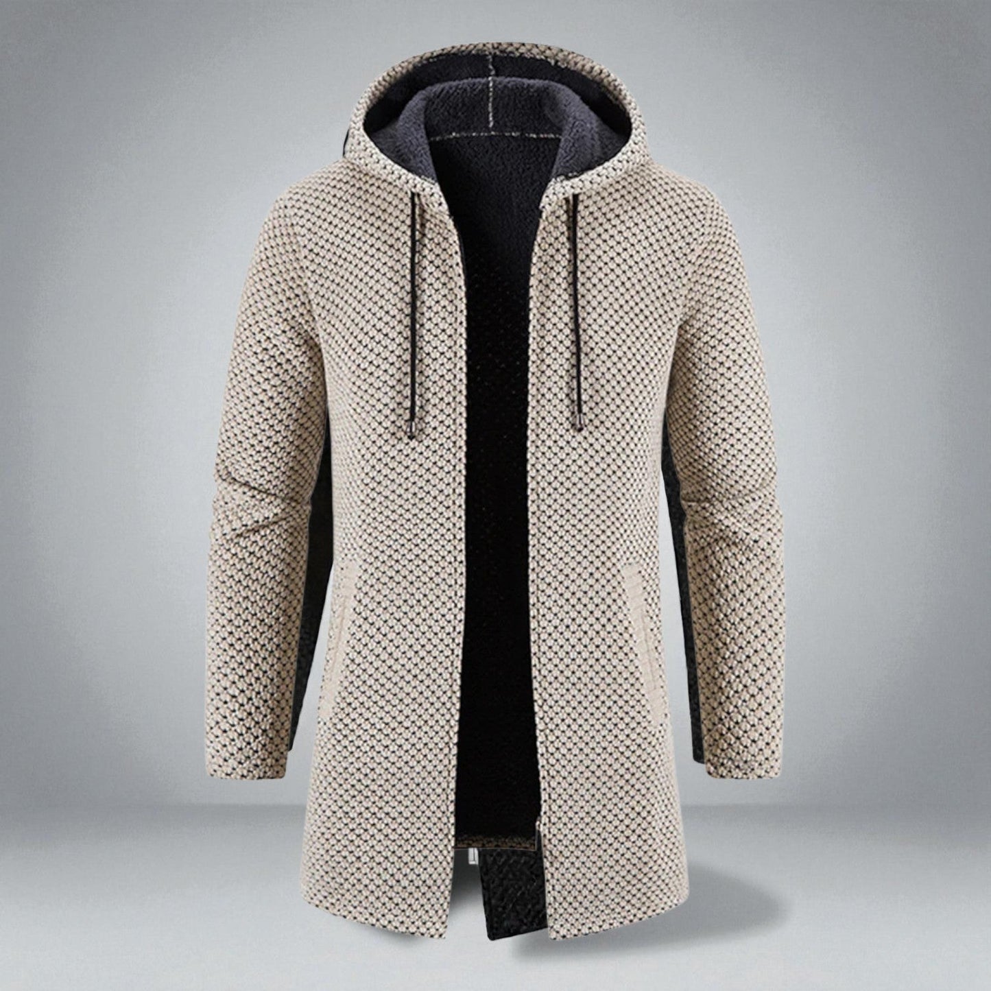 Hooded mid-length knit sweater full-zip front kangaroo pockets structured casual everyday style