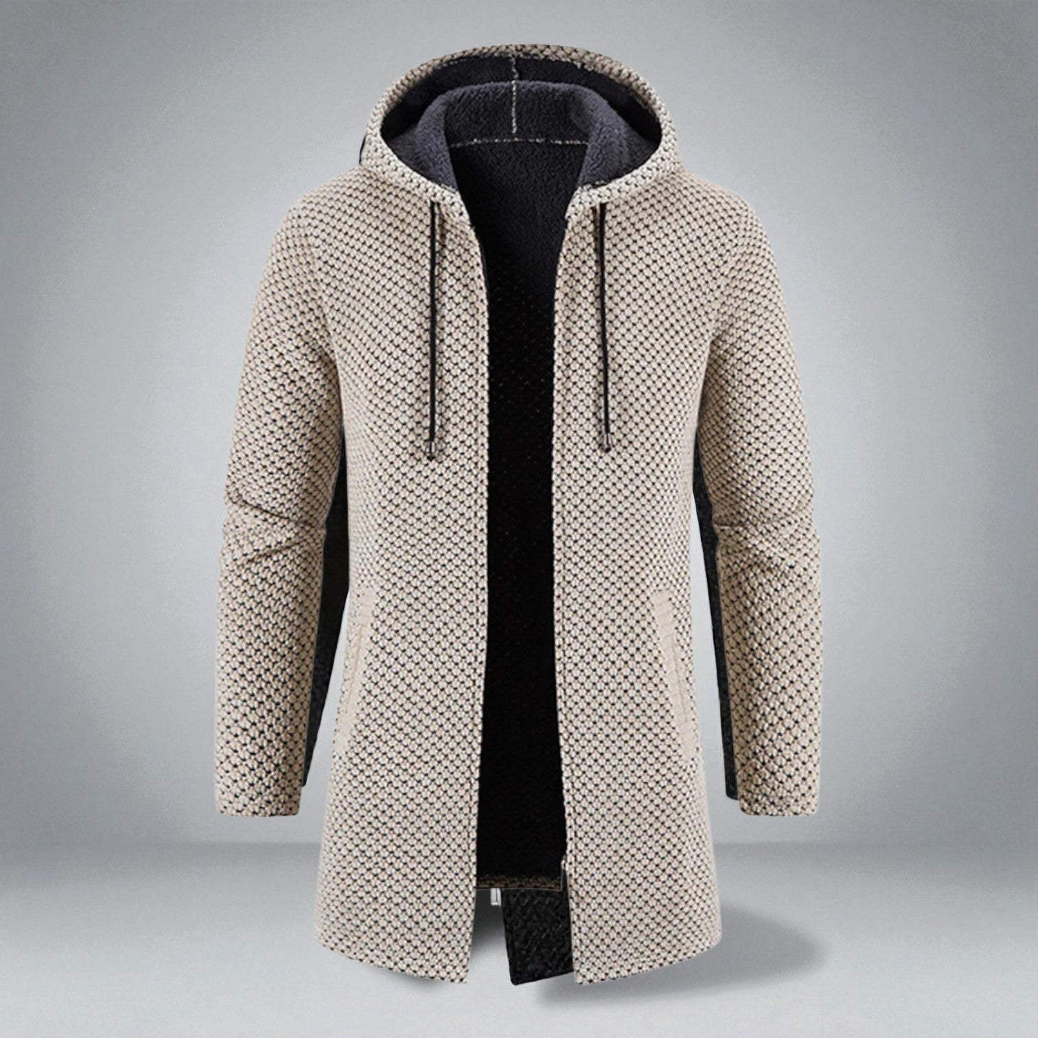 Hooded mid-length knit sweater full-zip front kangaroo pockets structured casual everyday style
