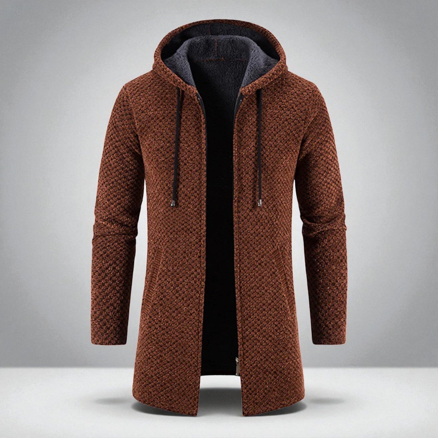 Structured knit hooded mid-length sweater with full-zip front and kangaroo pockets for everyday wear