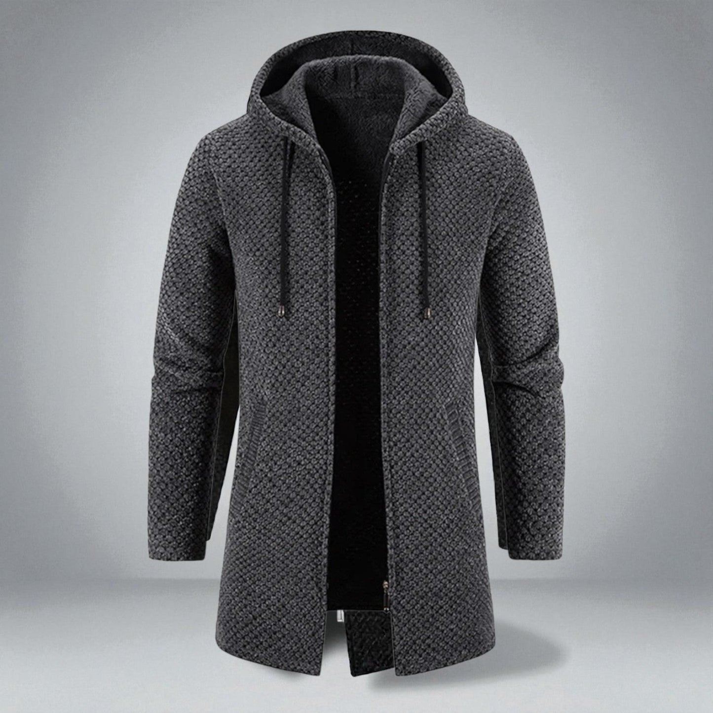 Structured knit hooded mid-length sweater with full-zip front and kangaroo pockets for everyday wear