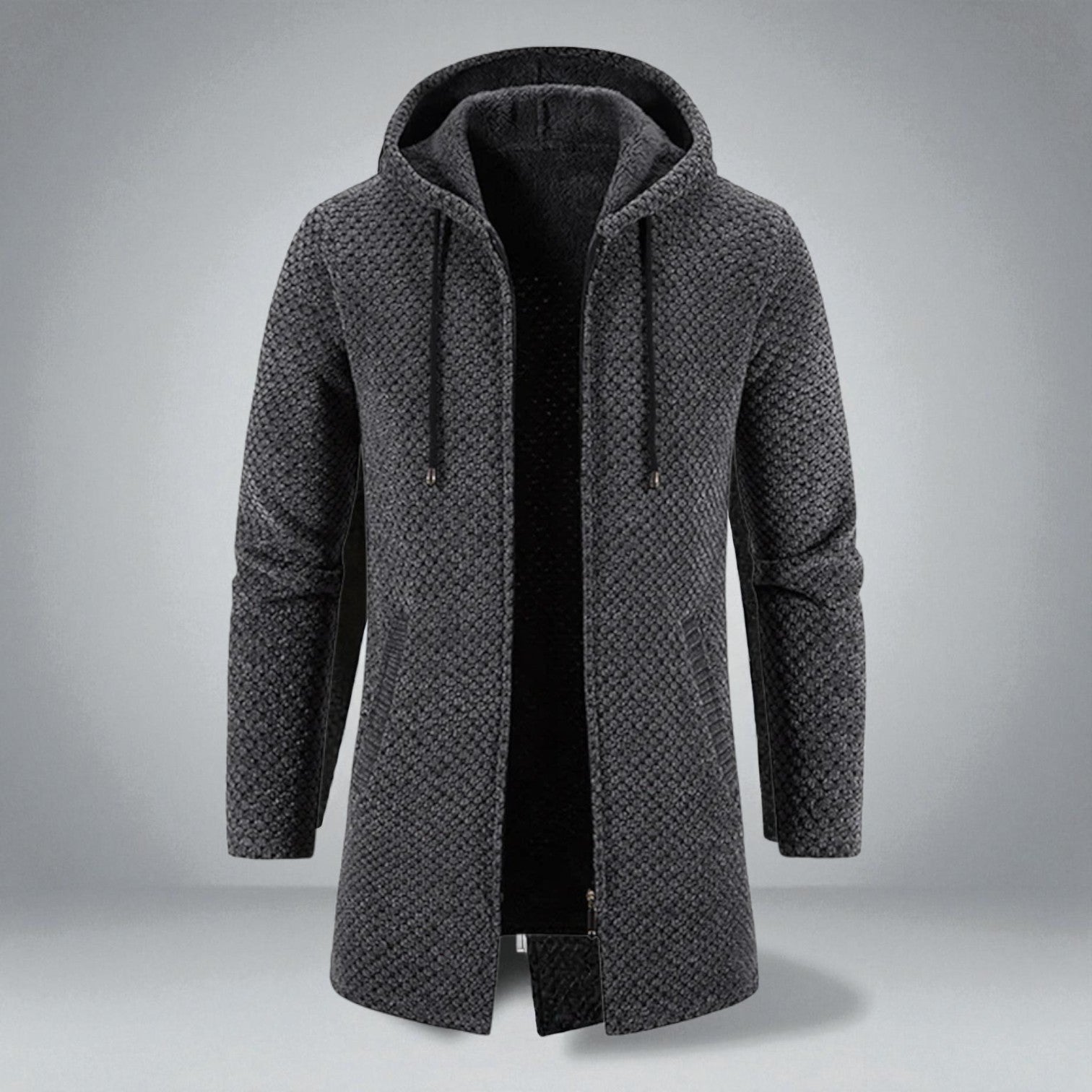 Structured knit hooded mid-length sweater with full-zip front and kangaroo pockets for everyday wear