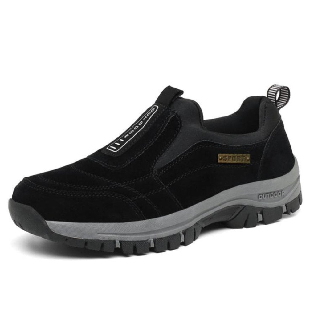 Men's brown suede slip-on outdoor shoes with elastic panels and rugged non-slip sole