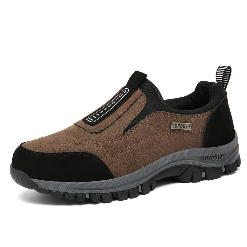 Men's brown suede slip-on outdoor shoes with elastic panels and rugged non-slip sole