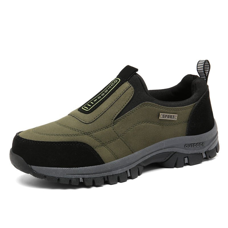 Men's brown suede slip-on outdoor shoes with elastic panels and rugged non-slip sole