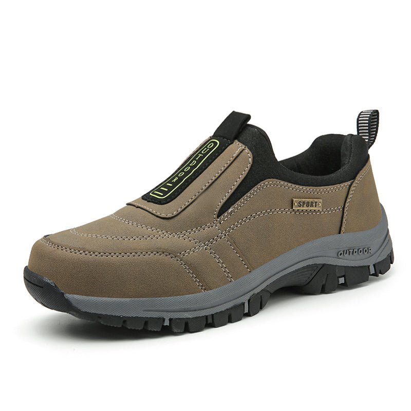 Men's brown suede slip-on outdoor shoes with elastic panels and rugged non-slip sole