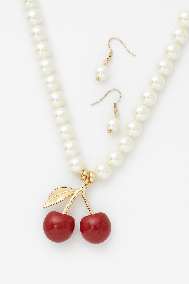 Pearl Cherry Pendant Necklace Set Vintage Style - Urbann-Vibe