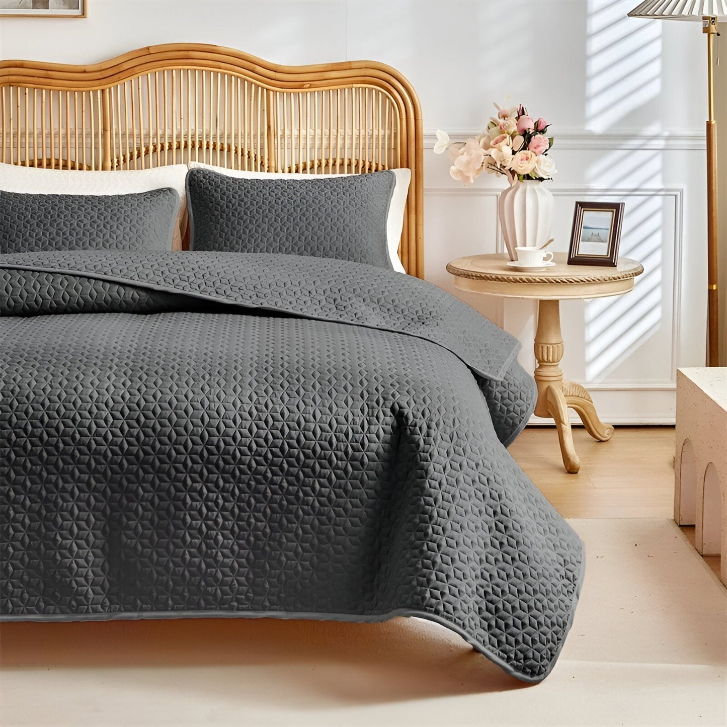Beige quilted bedspread set minimalist 3-piece with subtle texture for calm neutral bedroom decor