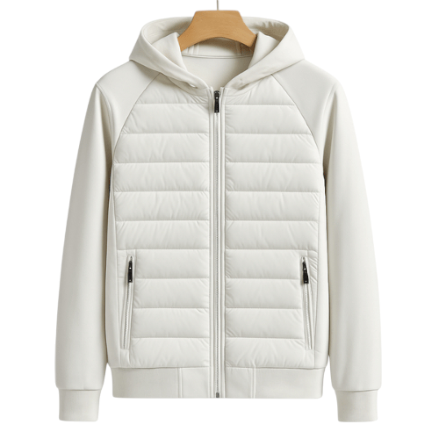 Men's white puffer jacket with hood, zipper side pockets, lightweight slim fit everyday style