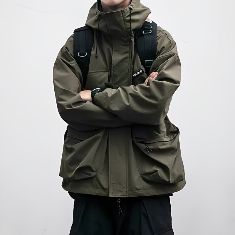 Men's waterproof autumn jacket olive green slim fit full-zip four-pocket outdoor casual wear