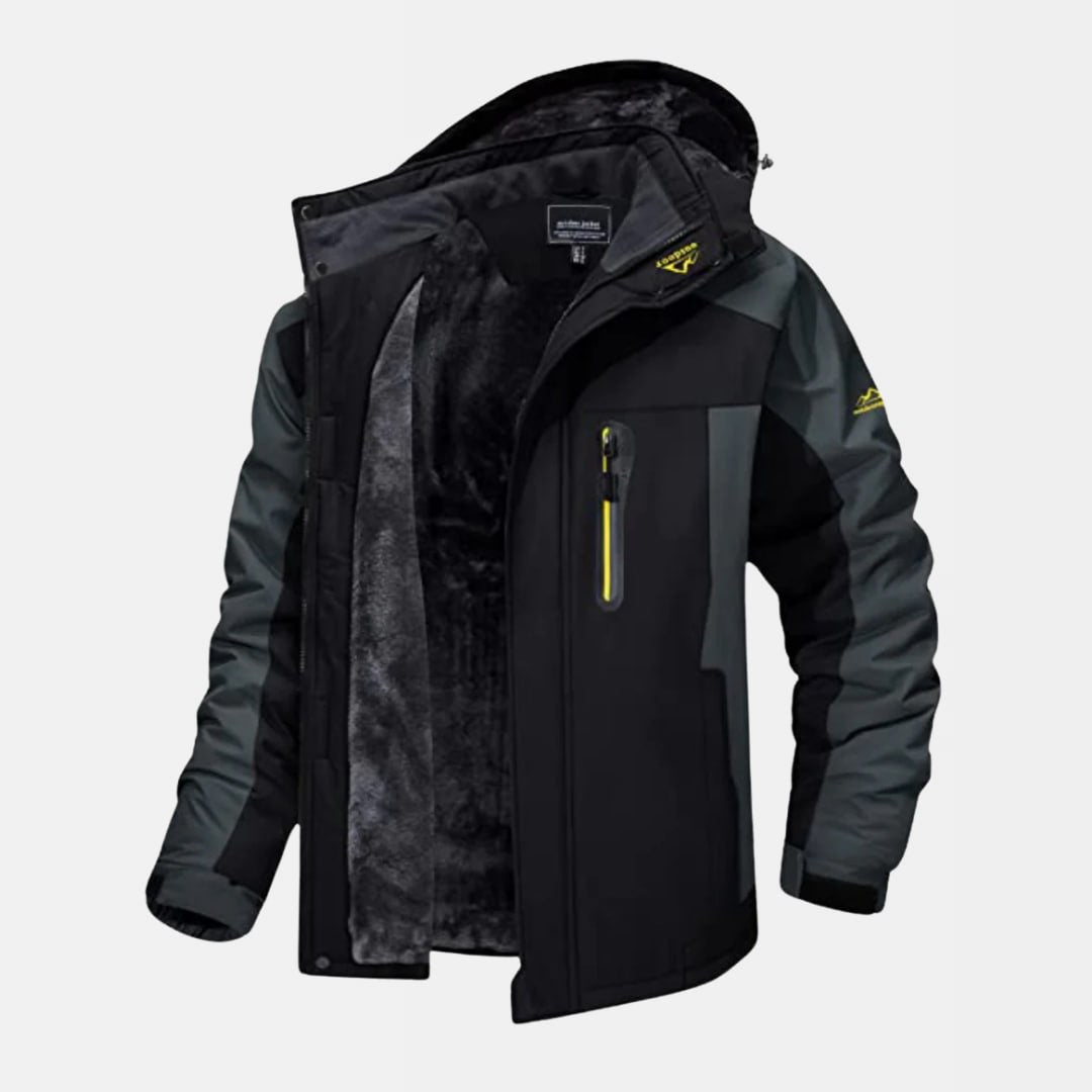 Men's black windproof waterproof winter jacket with warm lining and breathable polyester shell