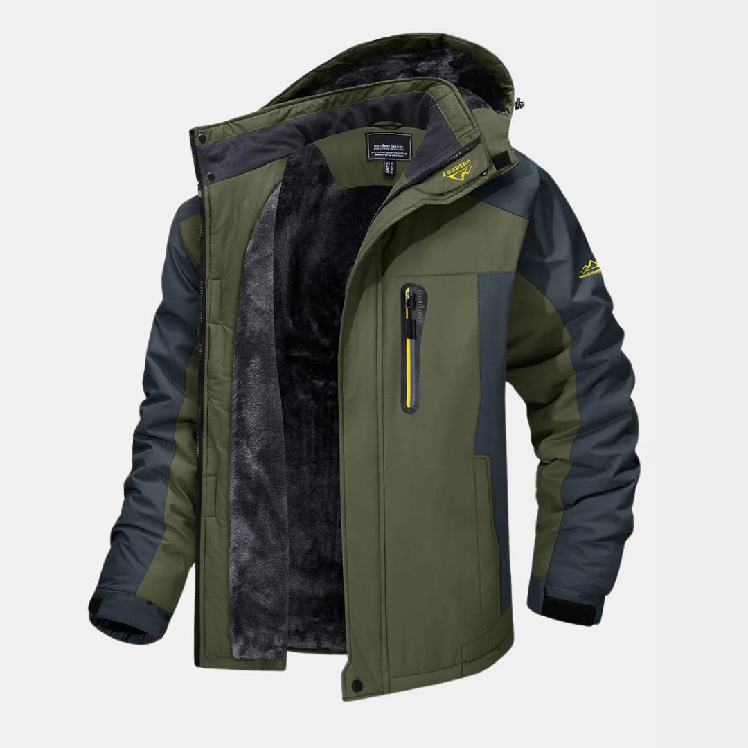 Men's windproof waterproof winter jacket with warm lining, breathable polyester shell for outdoor use