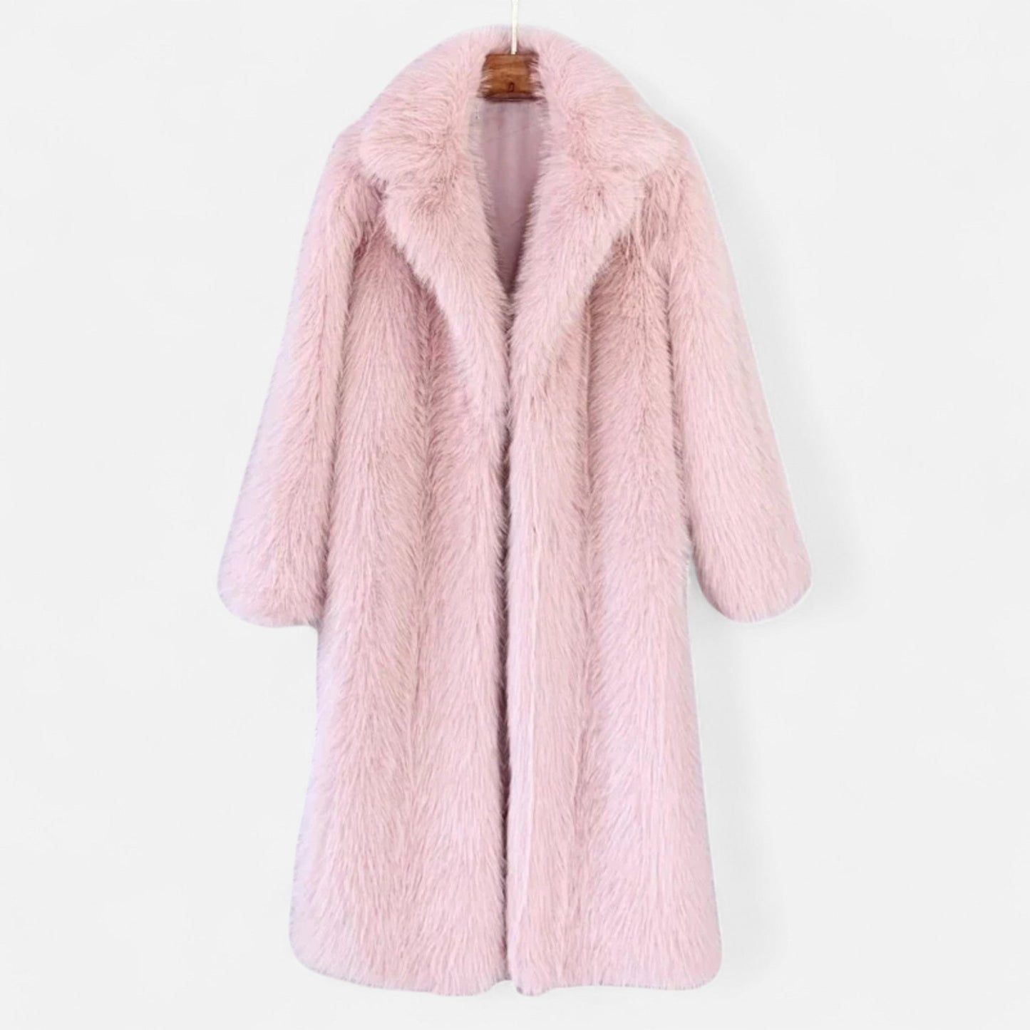 Women's long fur coat winter outerwear cozy plush finish luxurious full-length silhouette cold weather elegance
