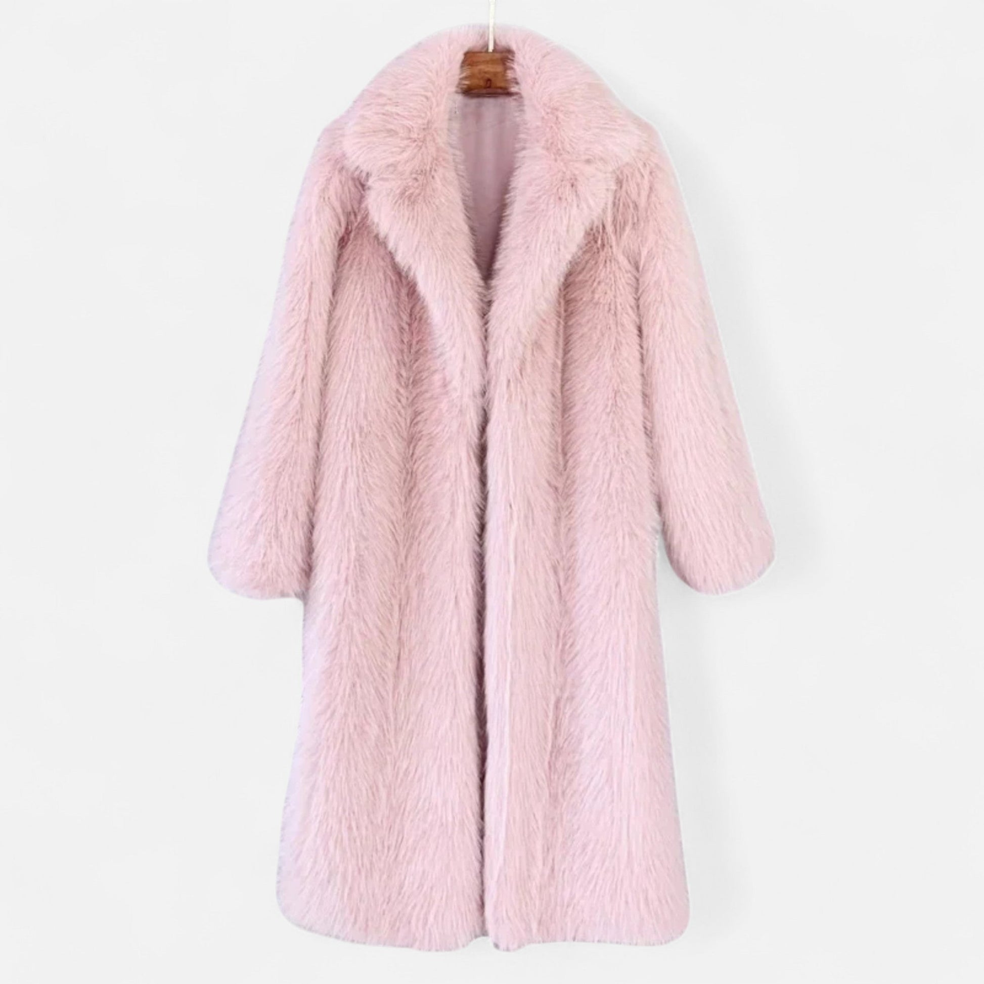 Women's long fur coat winter outerwear cozy plush finish luxurious full-length silhouette cold weather elegance