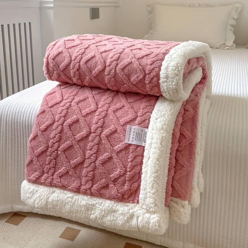 Ivory sherpa throw blanket with diamond texture, dual-sided fleece design for cozy modern home decor